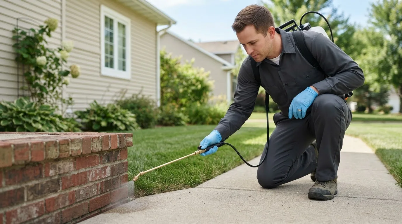 Pest control technician treating a home near Uniontown, KS