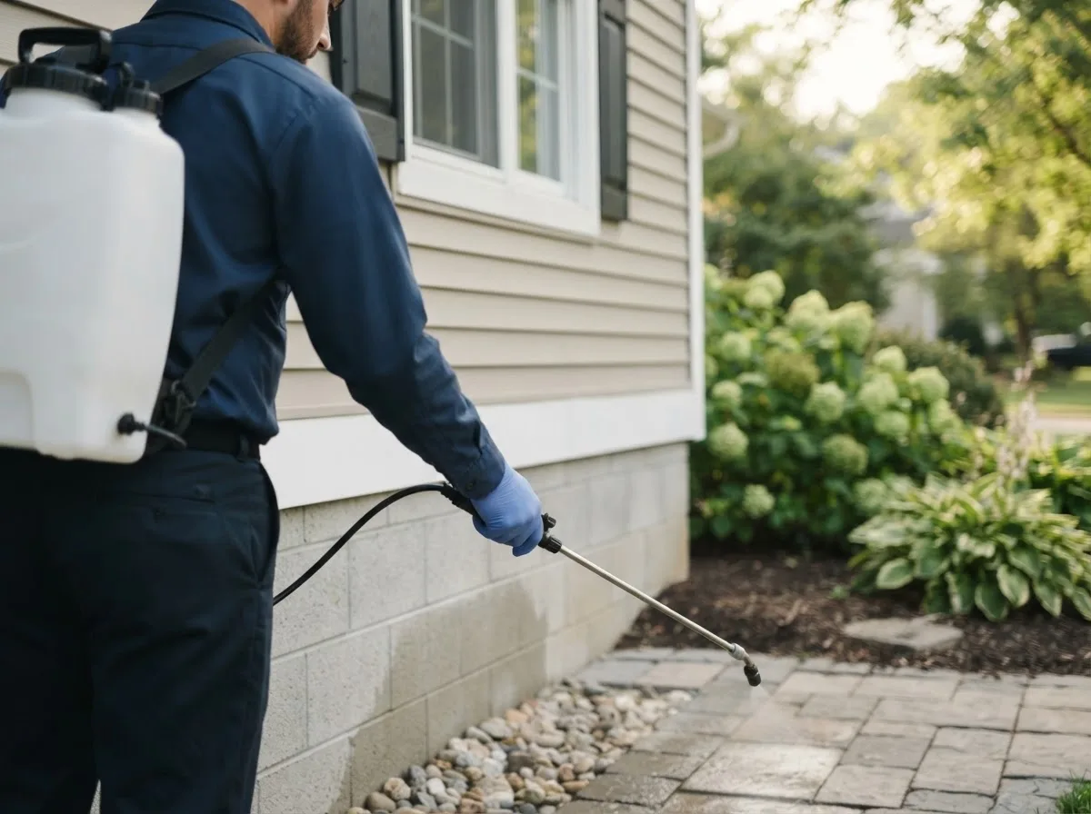 Pest control technician inspecting a home in Uniontown, KS
